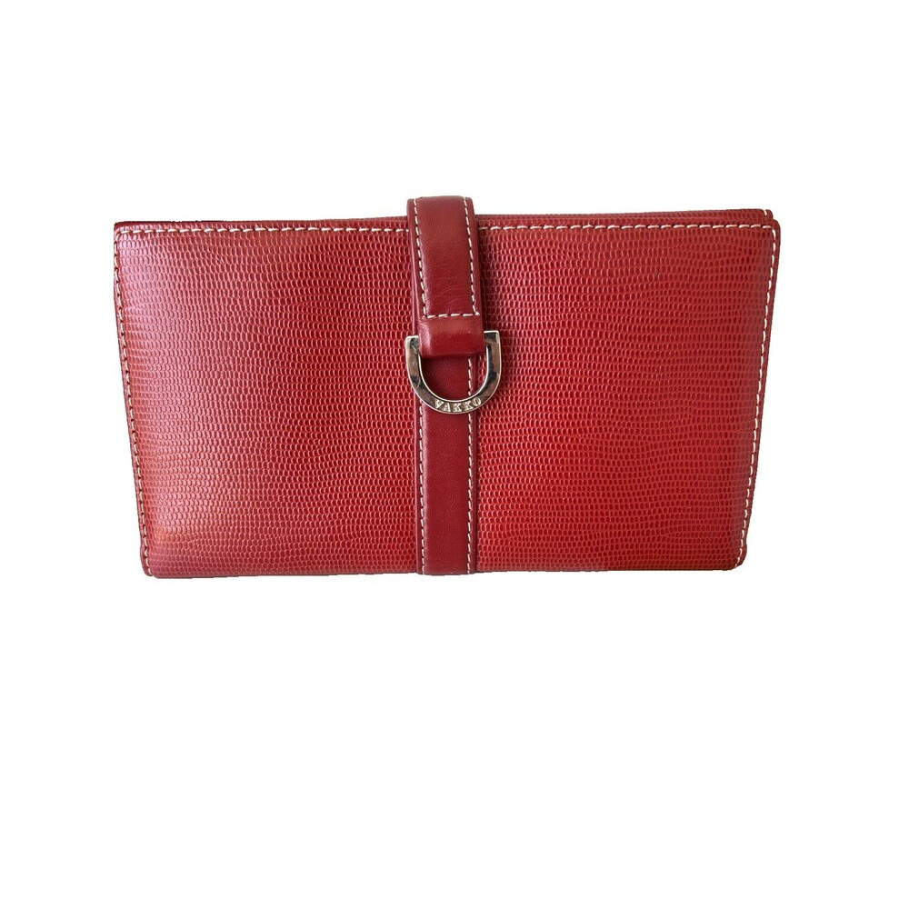 Vakko Red Leather Lizard Embossed Tri-fold Long Continental Wallet Clutch